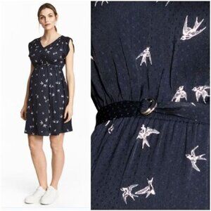 H&M MAMA Maternity Frilled-Sleeve Bird Print Navy Light Dress Sz M